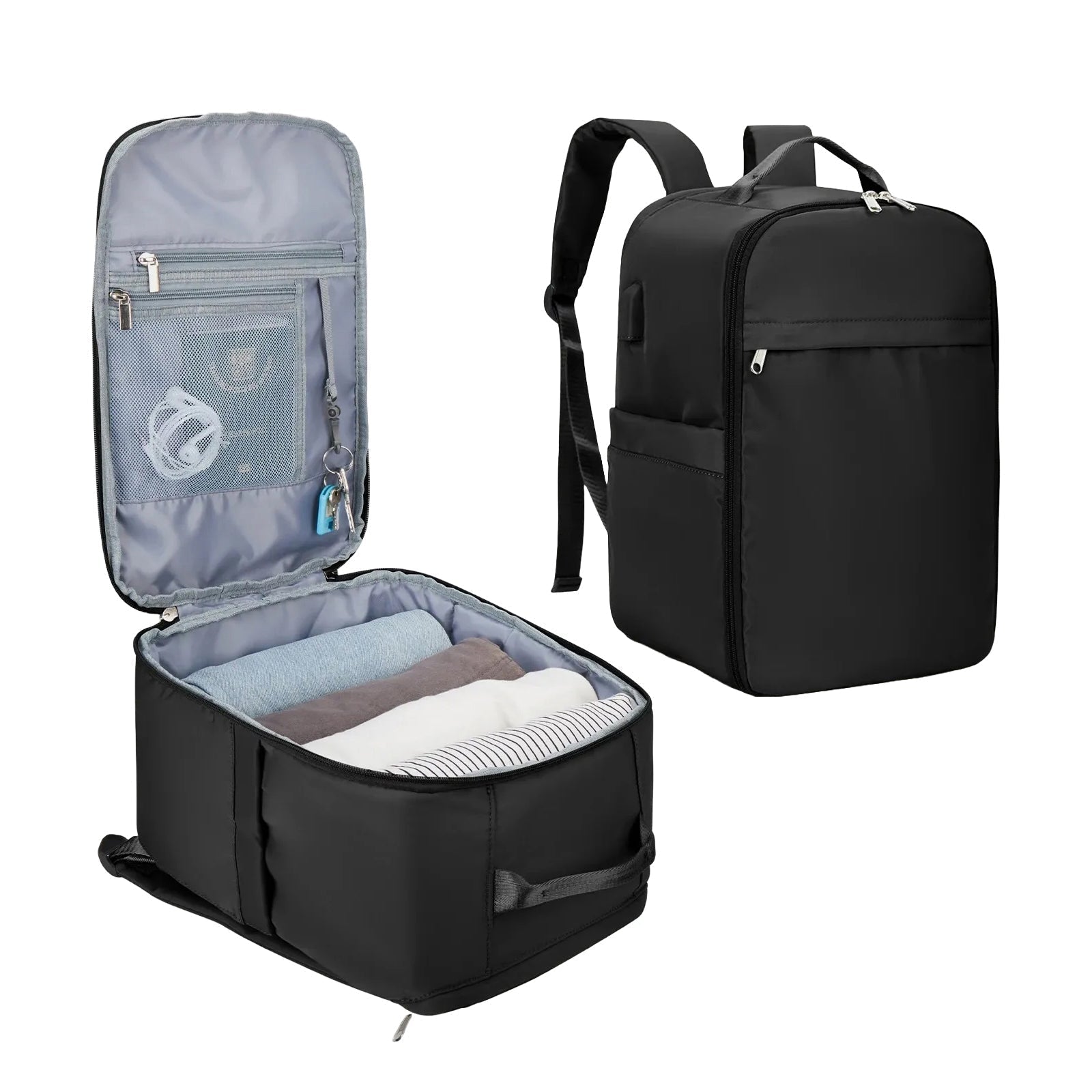 Geöffneter Reiserucksack in schwarz mit einem grossen und mehreren kleinen Fächern und Beispielsinhalt