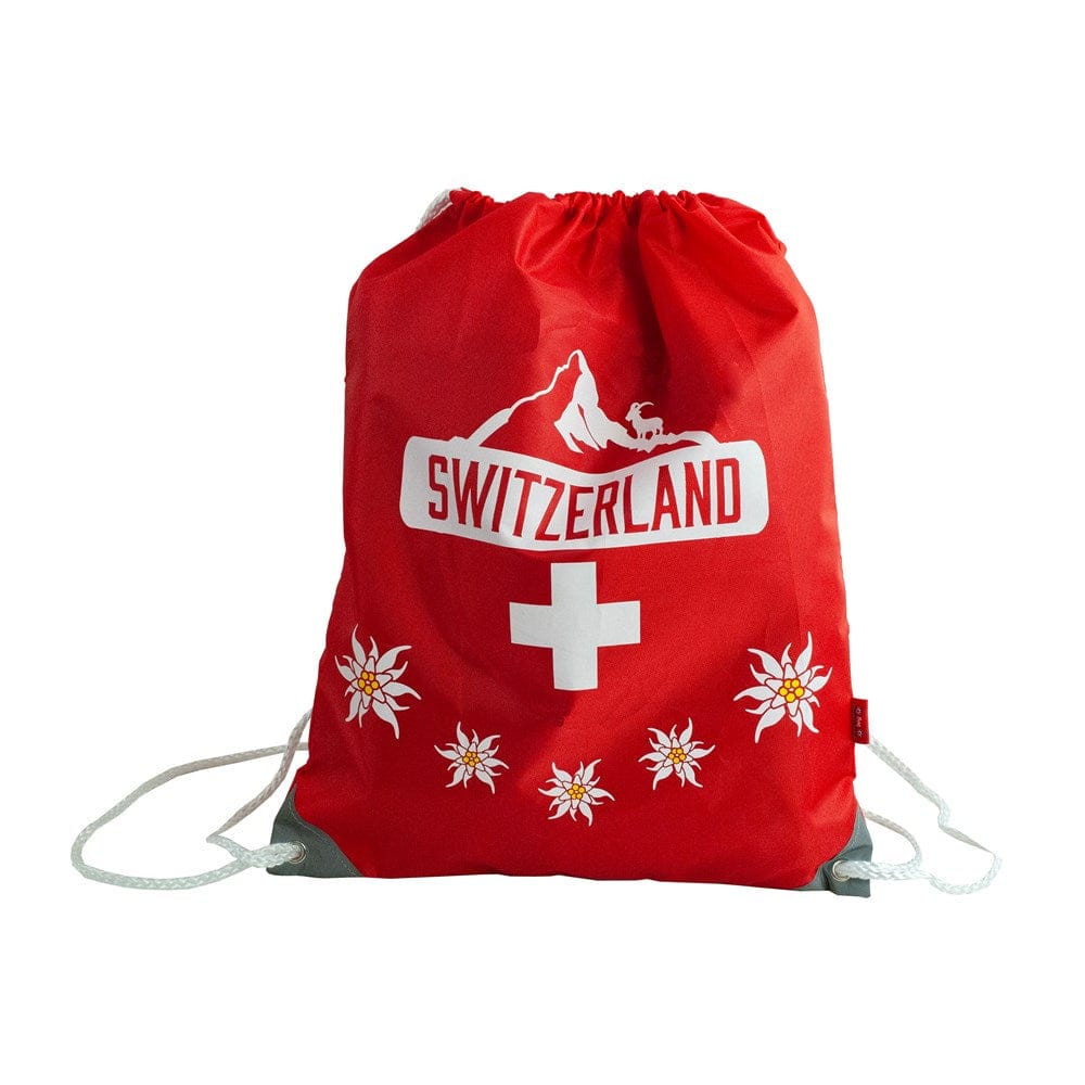 Roter Turnbeutel mit Bergmotiv und Schweizerwappen Design