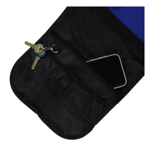 Schwarz-blaue Trockentasche von innen mit SchlĂĽsselhalter und Handyfach