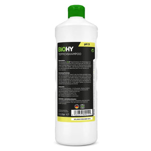 Teppichshampoo in weiĂźer Flasche mit grĂĽnem Deckel von hinten