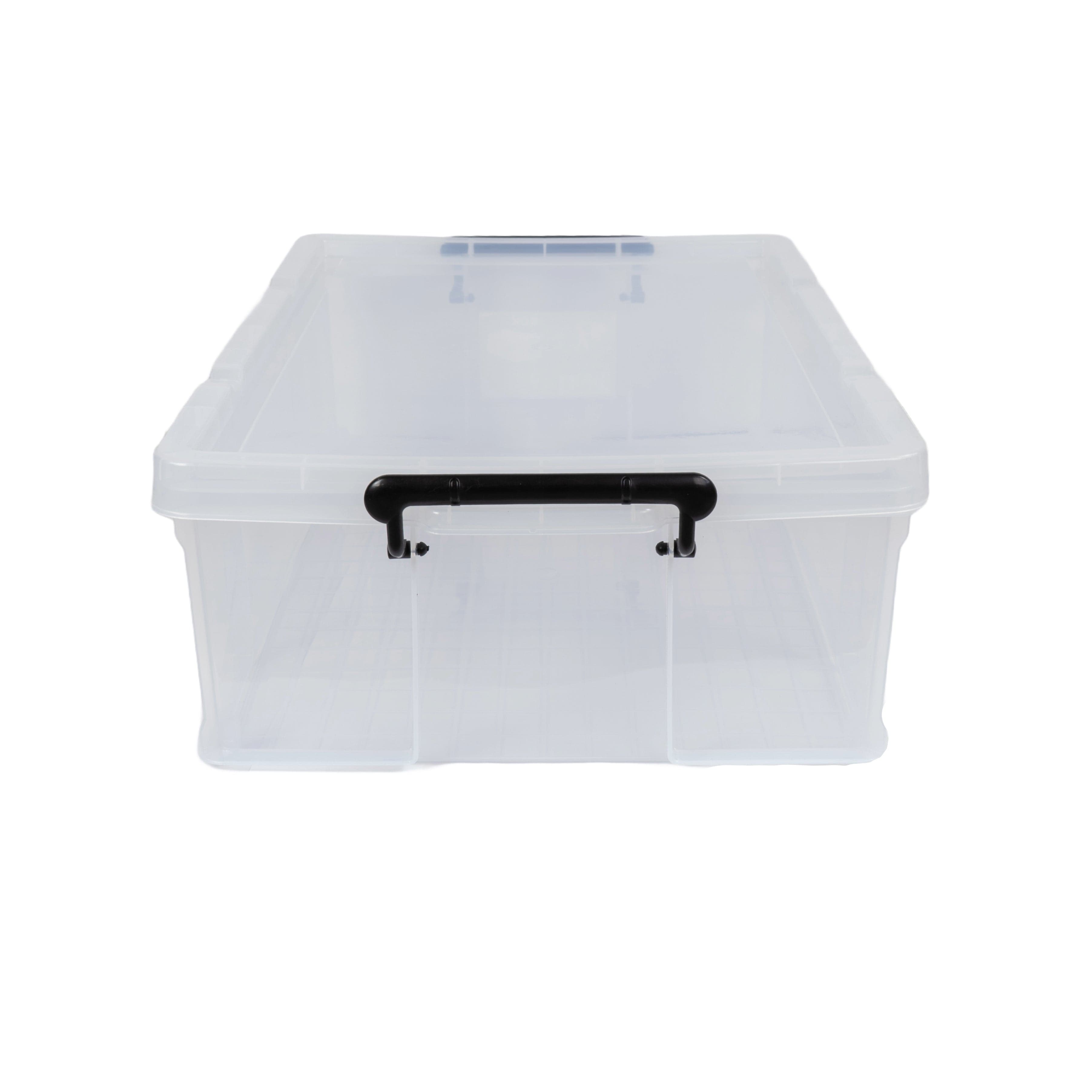 Transparente Aufbewahrungsbox mit schwarzen Henkeln von der Seite