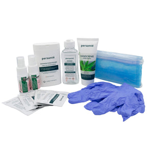 Schutz- und Reise-Set mit DesinfektionstĂĽchern, Desinfektionsmittel, Handcreme, Gummihandschuhen, Gesichtsmasken, MĂĽckenspray und Zeckenspray