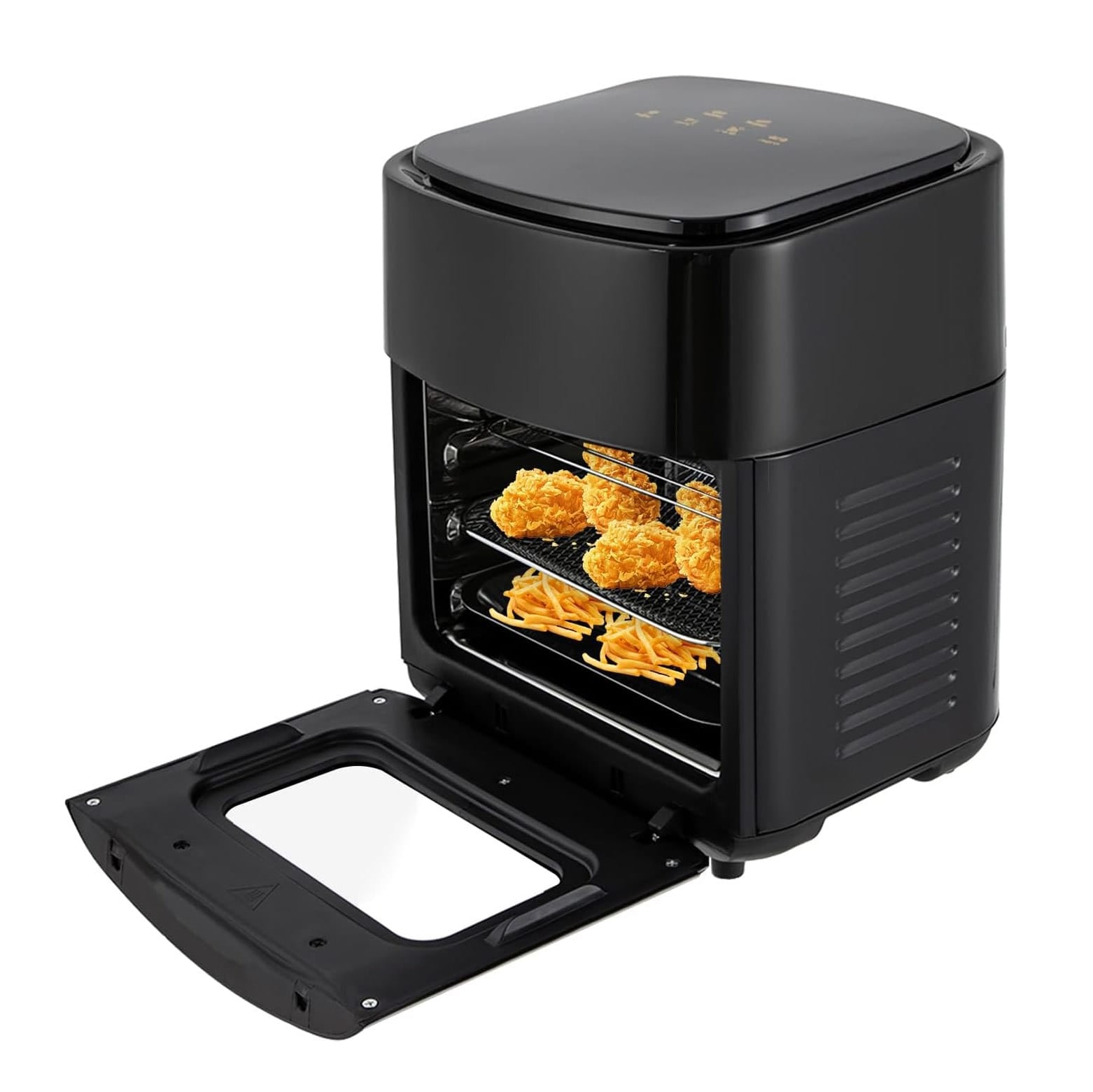 Schwarzer, aufgeklappter Airfryer mit Sichtfenster, darin Hähnchen und Pommes Frites