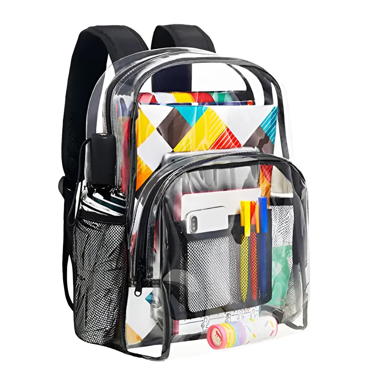 Transparenter Rucksack mit schwarzen Reissverschlüssen und Beispielsinhalt