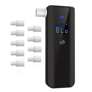 Schwarzer Alkoholtester mit neun weissen MundstĂĽcken und digital Anzeige