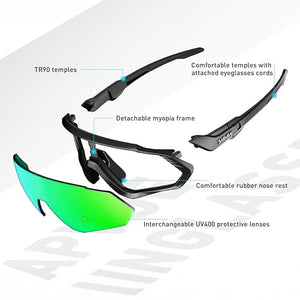 GrĂĽne Sport-Sonnenbrille mit schwarzem Gestell in Einzelteilen