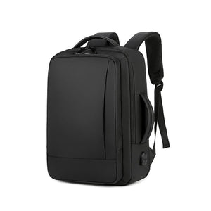 Schwarzer Lederrucksack mit verschiedenen Fächern und Reissverschluss schräg von der Seite