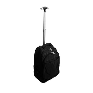 Schwarzer Trollyrucksack mit ReissverschlĂĽssen und ausgefahrenem Ziehgriff