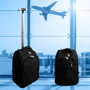 Schwarzer Trollyrucksack mit ReissverschlĂĽssen, ein- und ausgefahrenem Ziehgriff mit Flugplatz im Hintergrund