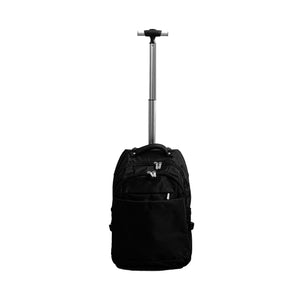 Schwarzer Trollyrucksack mit ReissverschlĂĽssen und ausgefahrenem Ziehgriff von vorne