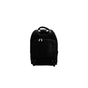 Schwarzer Trollyrucksack mit ReissverschlĂĽssen und eingefahrenem Ziehgriff von hinten