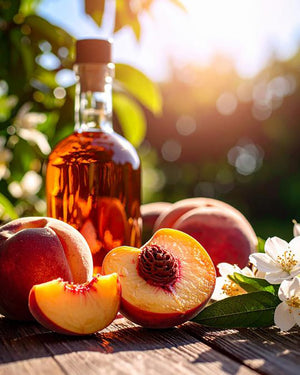 Aufgeschnittene Pfirsiche neben einer Flasche Rum