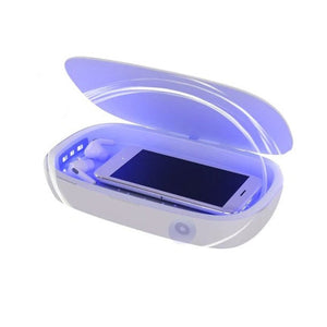 Weisse Sterilisator Box mit Smartphone und Kopfhörern drin
