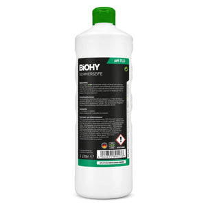 Schmierseife in weiĂźer Flasche mit grĂĽnem Deckel von hinten