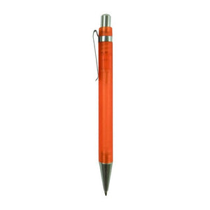 Orangener Kugelschreiber mit silbernen Details von der Seite