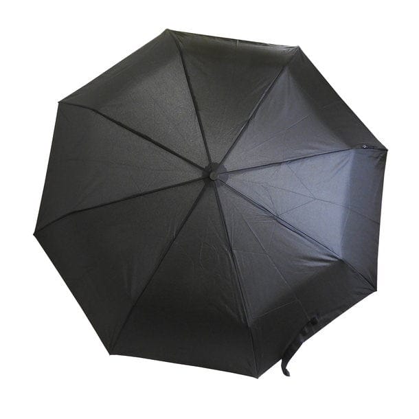Schwarzer Regenschirm mit schwarzem Griff und silbernen Stange von oben