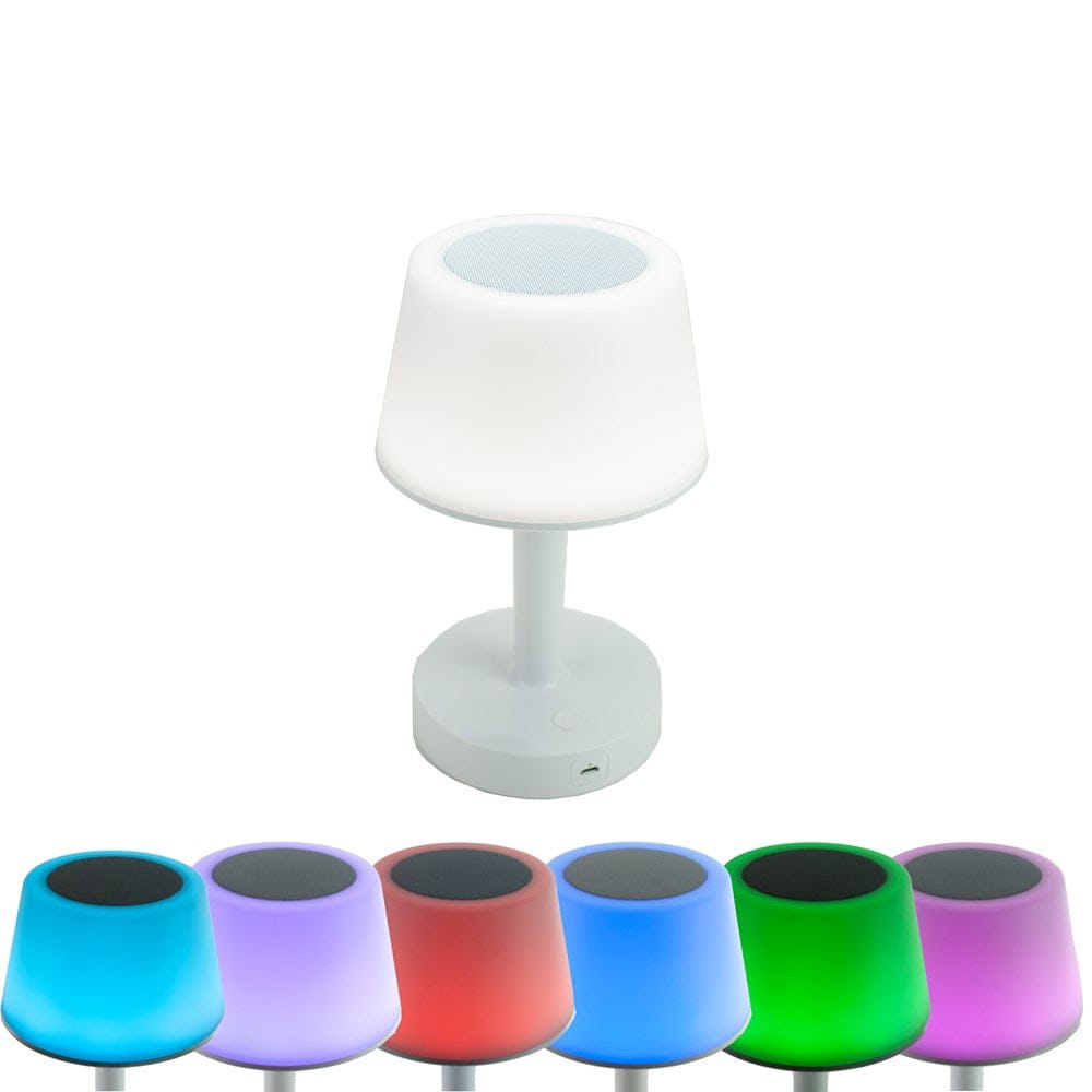 Moderne LED-Lampe ausgestellt über den Farbtönen Hellblau, Lila, Rot, Blau, Grün und Pink