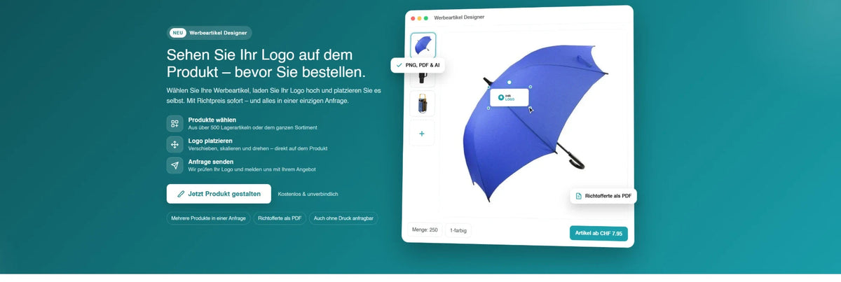 Werbeartikel Designer von Novidarte: Logo live auf einem Schirm platzieren, mit Produktliste und Richtpreis