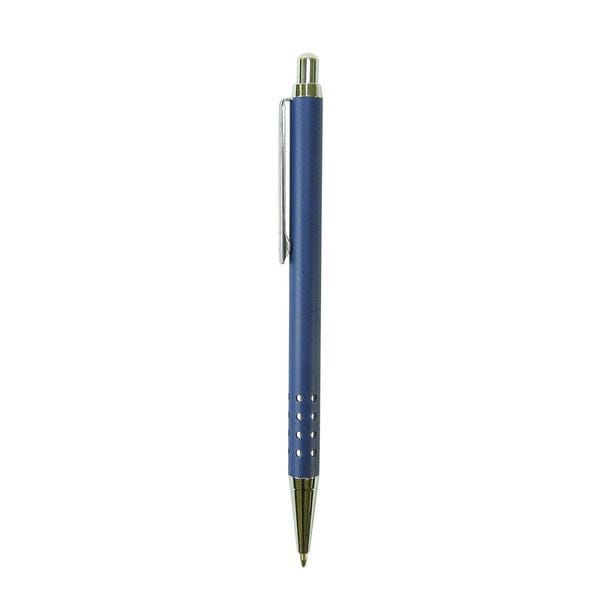 Blauer Kugelschreiber mit silbernen Details von der Seite