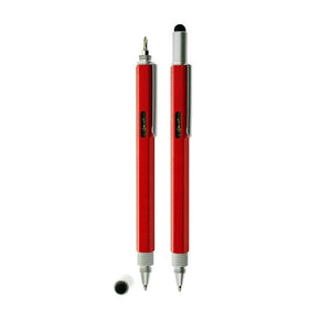 Roter, multifunktionaler Kugelschreiber mit Massstab, Wasserwage, Schraubenzieher und Touch-Tip