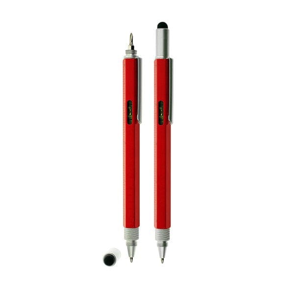 Roter, multifunktionaler Kugelschreiber mit Massstab, Wasserwage, Schraubenzieher und Touch-Tip