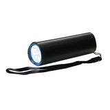 Schwarze Taschenlampe mit schwarzem Knopf und schwarzem Band