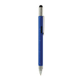 Blauer, multifunktionaler Kugelschreiber mit Massstab, Wasserwage, Schraubenzieher und Touch-Tip