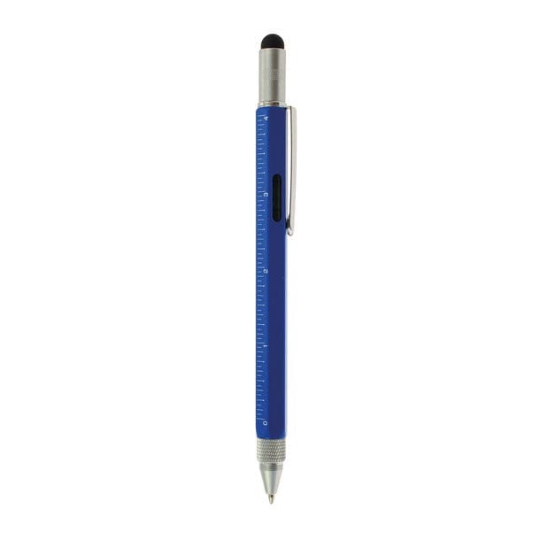 Blauer, multifunktionaler Kugelschreiber mit Massstab, Wasserwage, Schraubenzieher und Touch-Tip