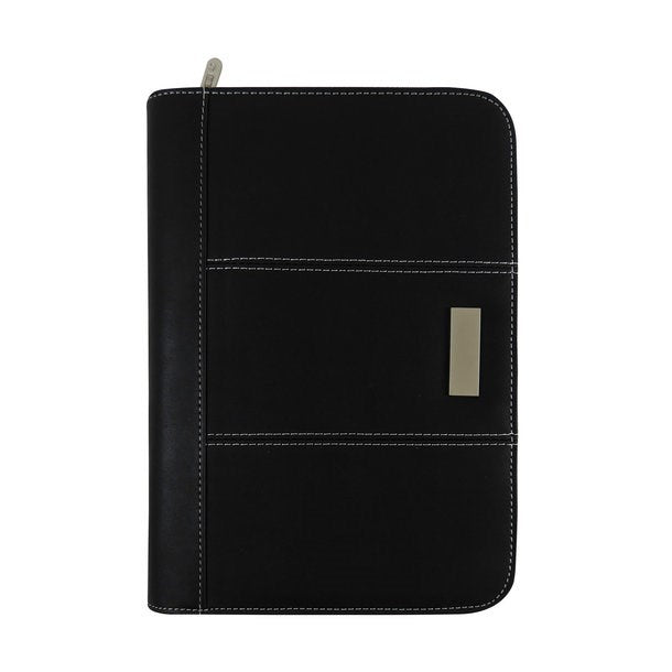 Kleine, schwarze Schreibmappe mit integriertem Taschenrechner und Schreibblock von oben