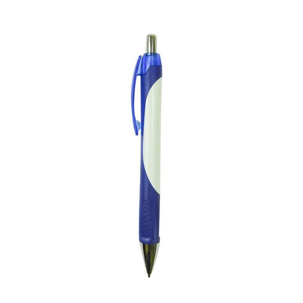 Eleganter, blauer-weisser Kugelschreiber mit silbernen Details von der Seite