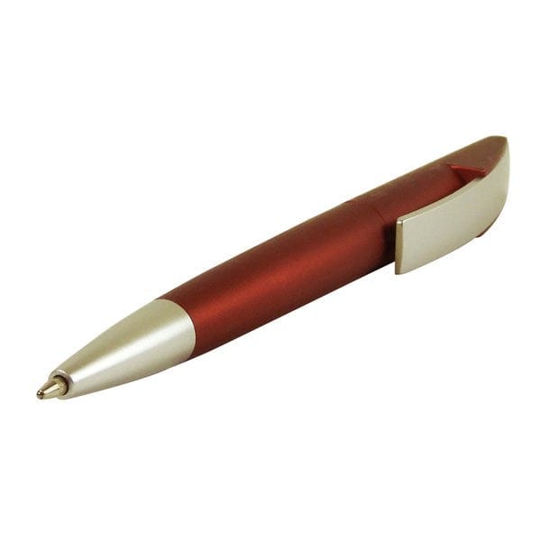 Roter Kugelschreiber mit silbernen Details schräg von vorne