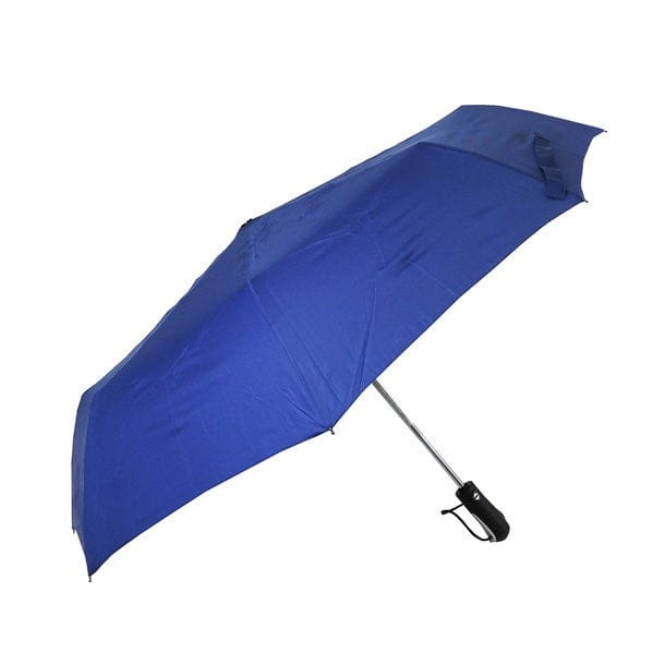 Blauer Regenschirm mit schwarzem Griff und silbernen Stange