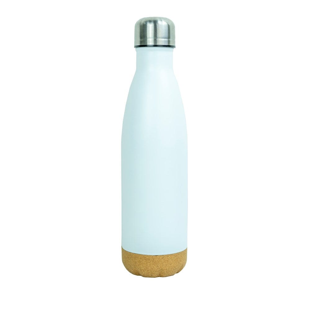 Bouteille isotherme blanc mat avec couvercle argenté et fond en liège