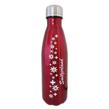 Rote, glänzende Thermoflasche mit silbernem Deckel und Schweizerwappen Design