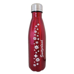 Rote, glänzende Thermoflasche mit silbernem Deckel und Schweizerwappen Design