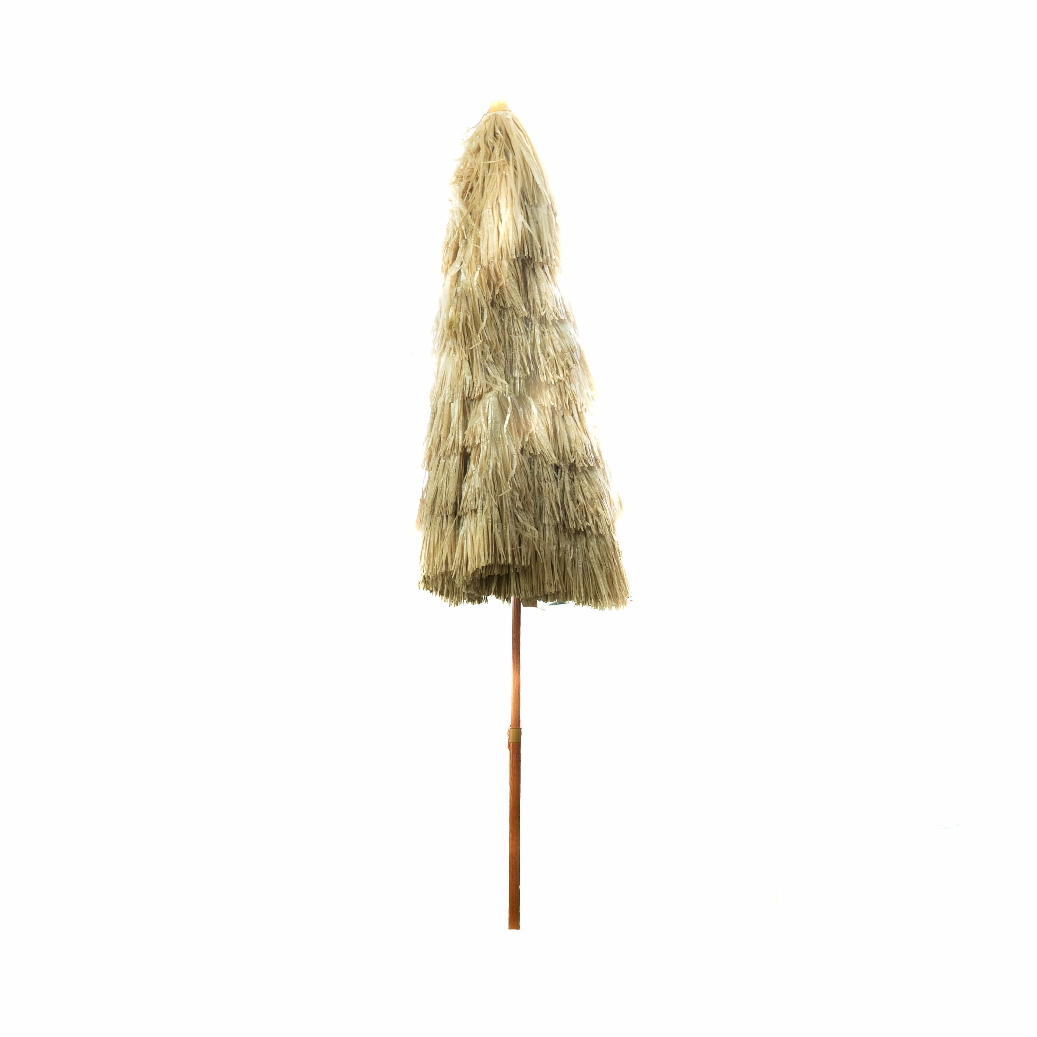 Beiger Sonnenschirm zu, mit Holz Ständer im Hawaii Stil