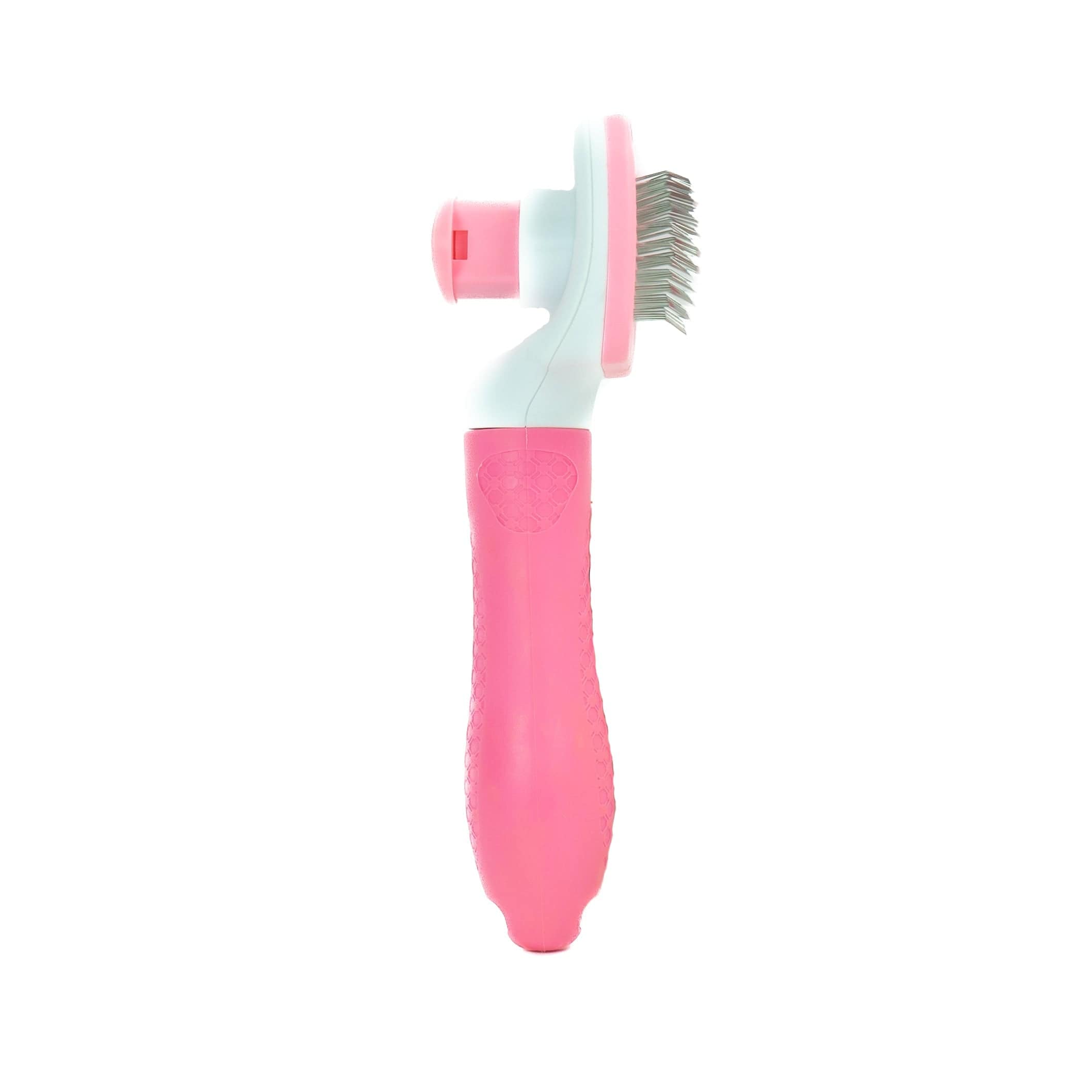 Pink weisse Tierhaarentfernungsbürste mit Knopf hinten von der Seite