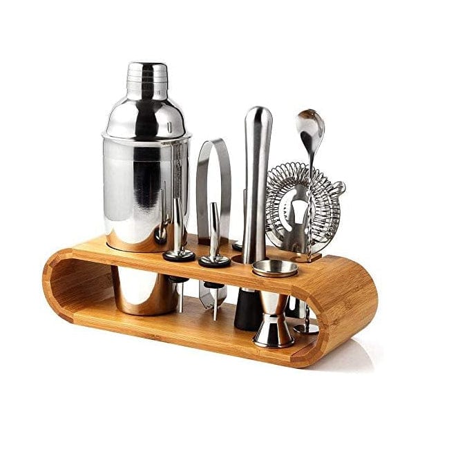 Cocktailset 10-teilig mit Holzhalterung – Shaker 750 ml & Zubehör