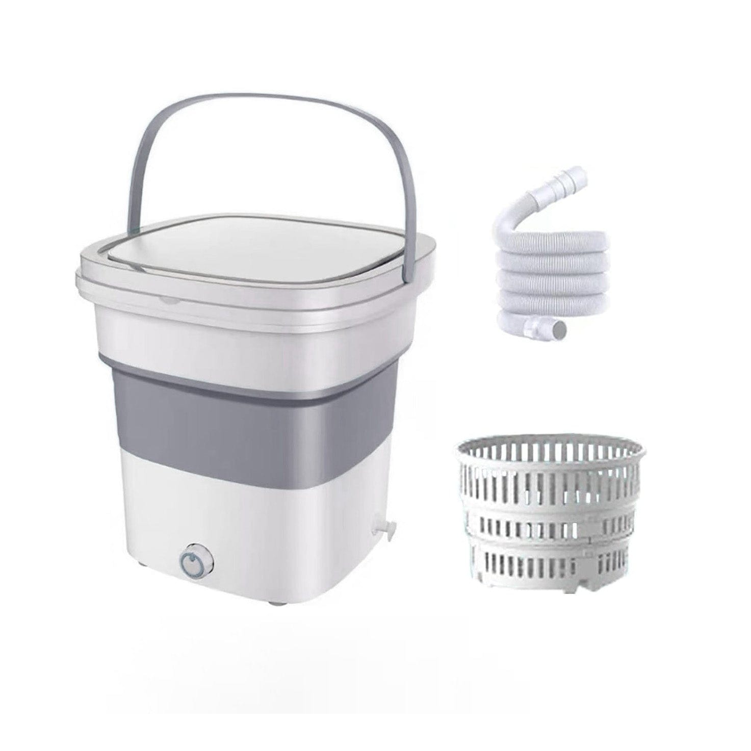 Weiss-garue mini Waschmaschine mit grauem Henkel, einem weissem Schlauch und mit einem Netz in das die Klamotten kommen