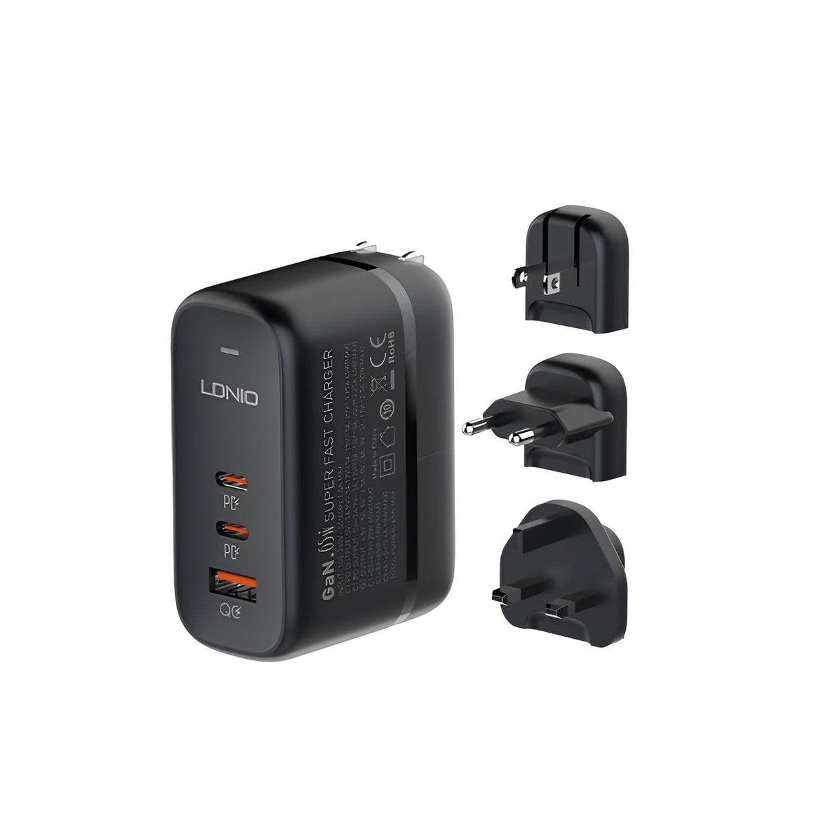 3-in-1 Ladegerät 65W – 2x USB-C, 1x USB & UK/EU/US-Aufsätze