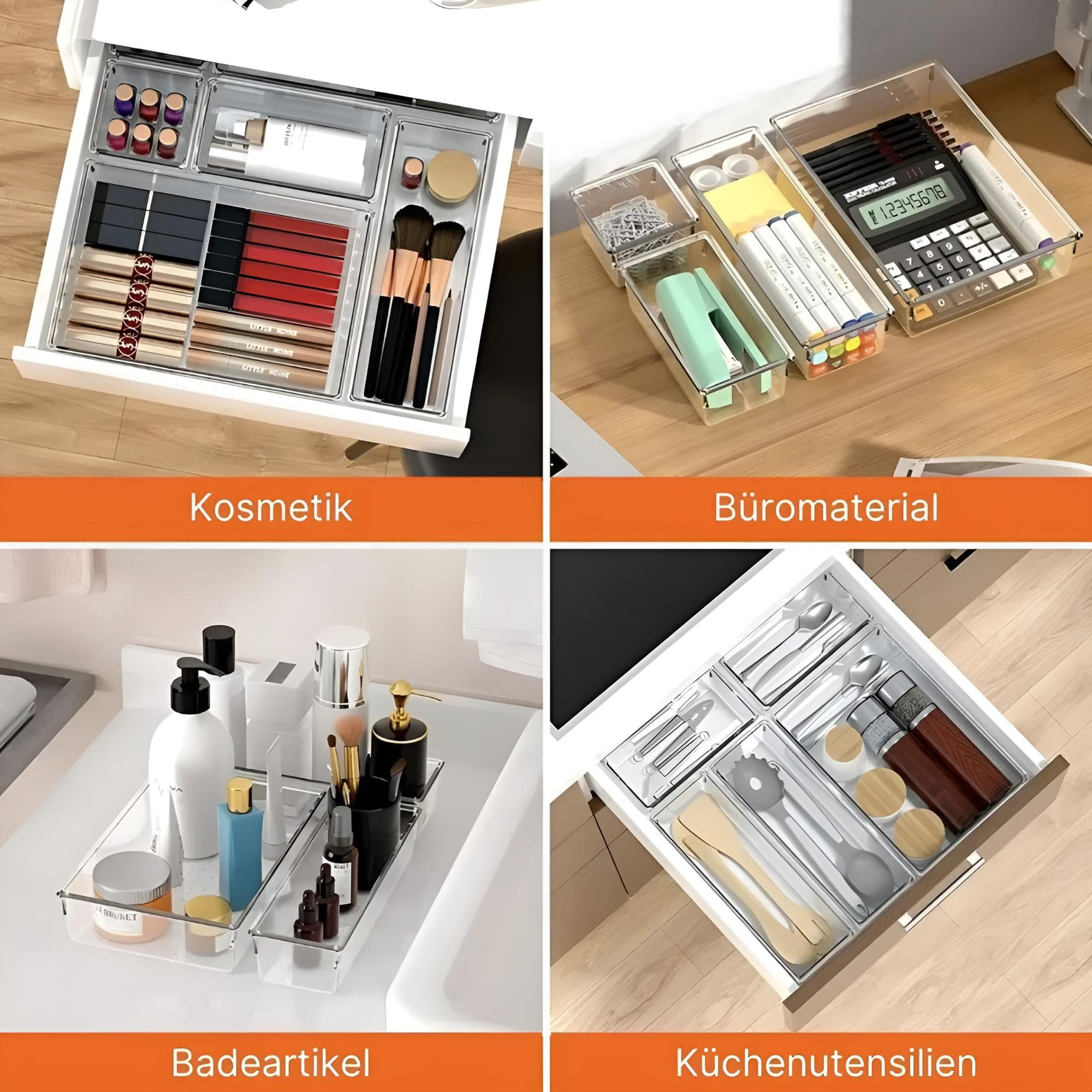 Transparente Schubladen-Organizer in verschiedenen Anwendungsbeispielen