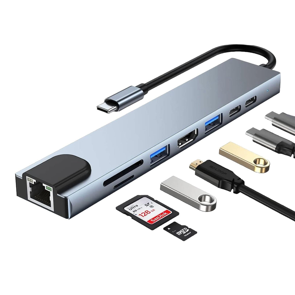 Hub USB-C 8 ports – HDMI 4K, USB-A, lecteur de cartes SD & recharge rapide