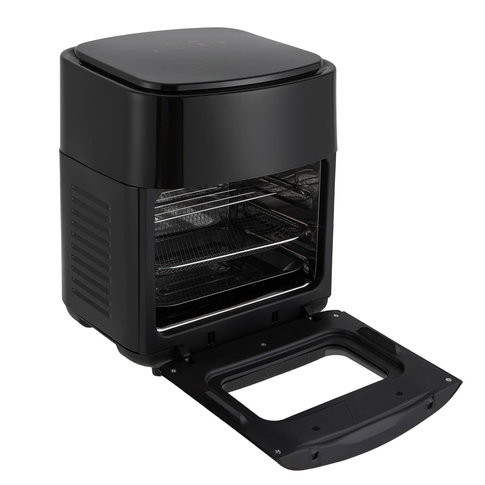 Schwarzer, aufgeklappter Airfryer mit Sichtfenster
