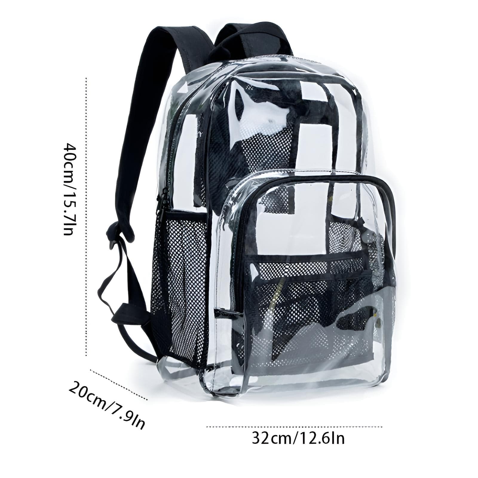 Transparenter Rucksack mit schwarzen Reissverschlüssen mit seinen Massen