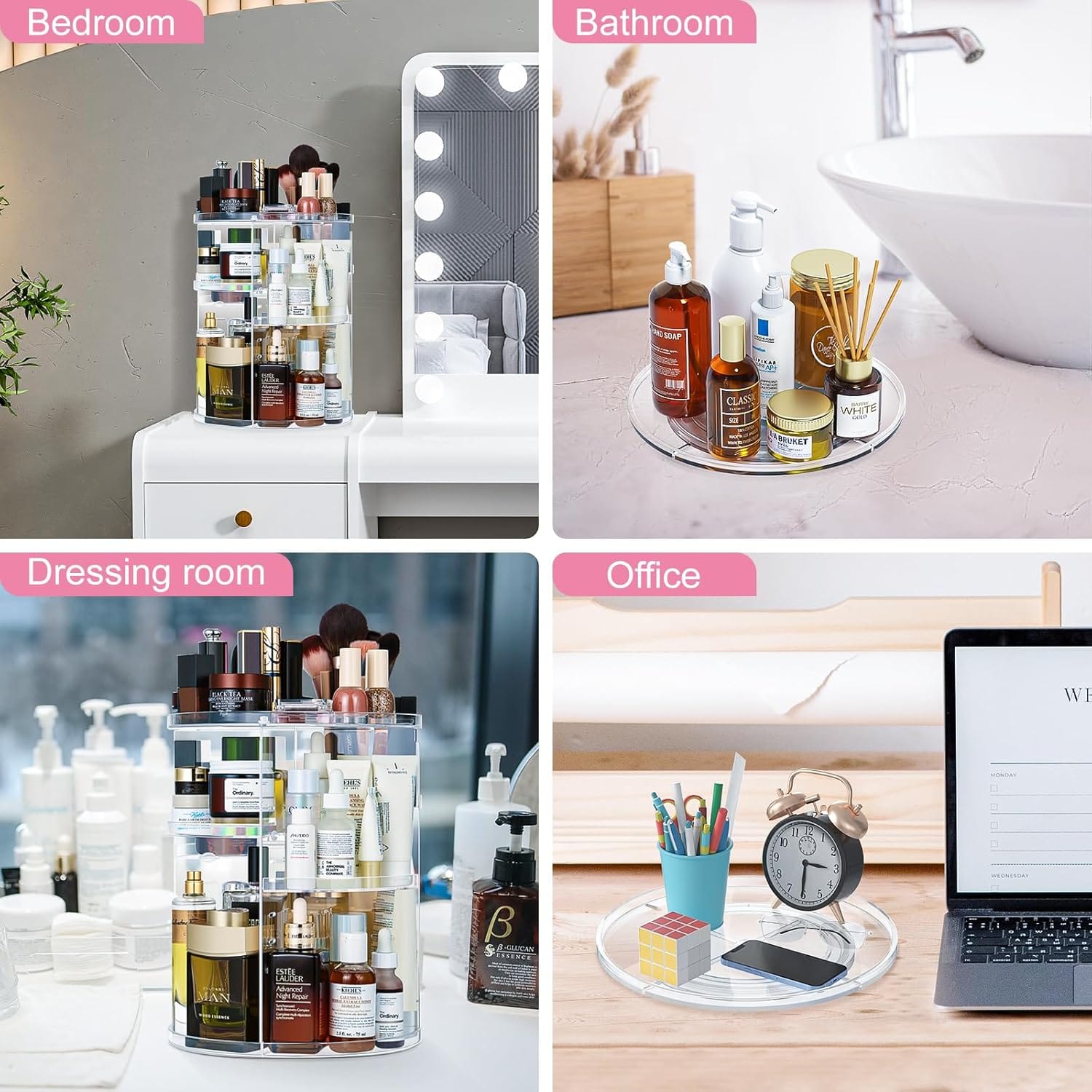 Transparenter, drehbarer Make-Up Organizer in verschiedenen Anwendungsbeispielen