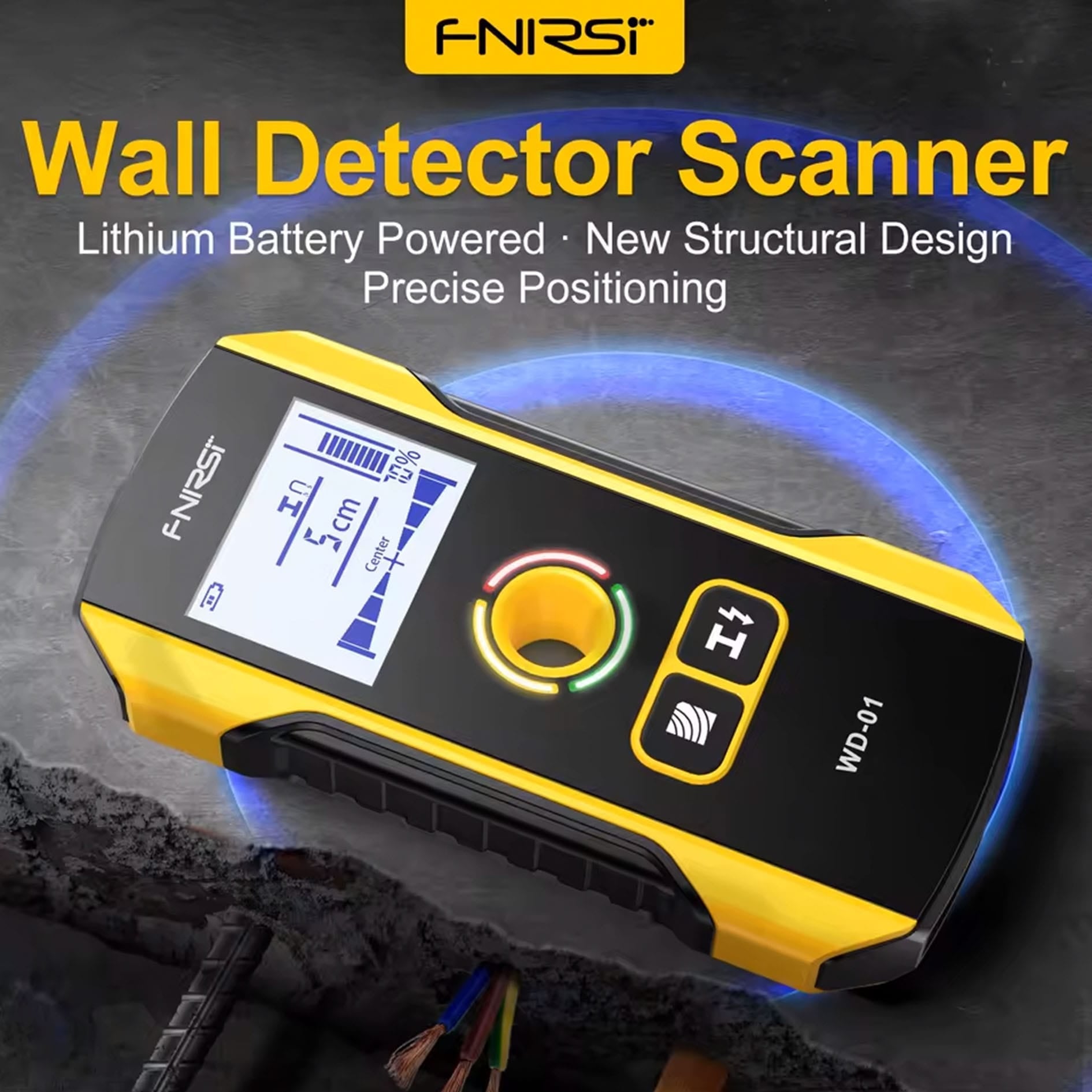 Schwarz-gelber Wanddetektor mit digitalem Bildschirm und Produktdetails