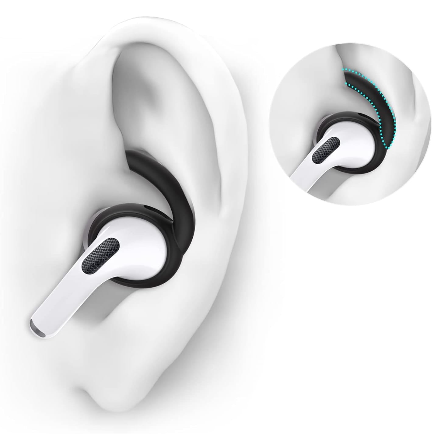 Schwarze Ohrbügel für Airpods in einem Anwendungsbeispiel an getragenen Airpods