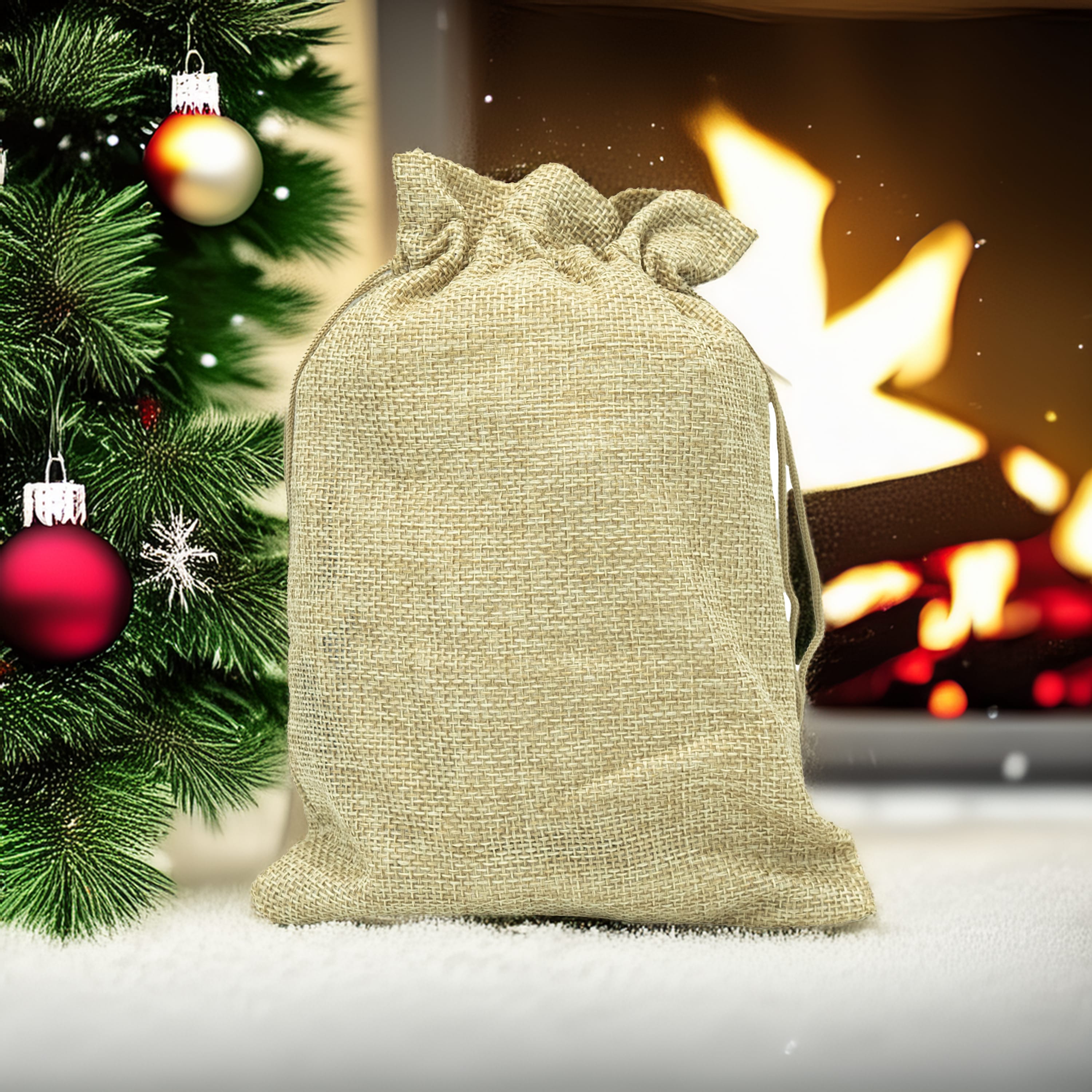 Beiger Stoffsack mit Weihnachtlichem Hintergrund