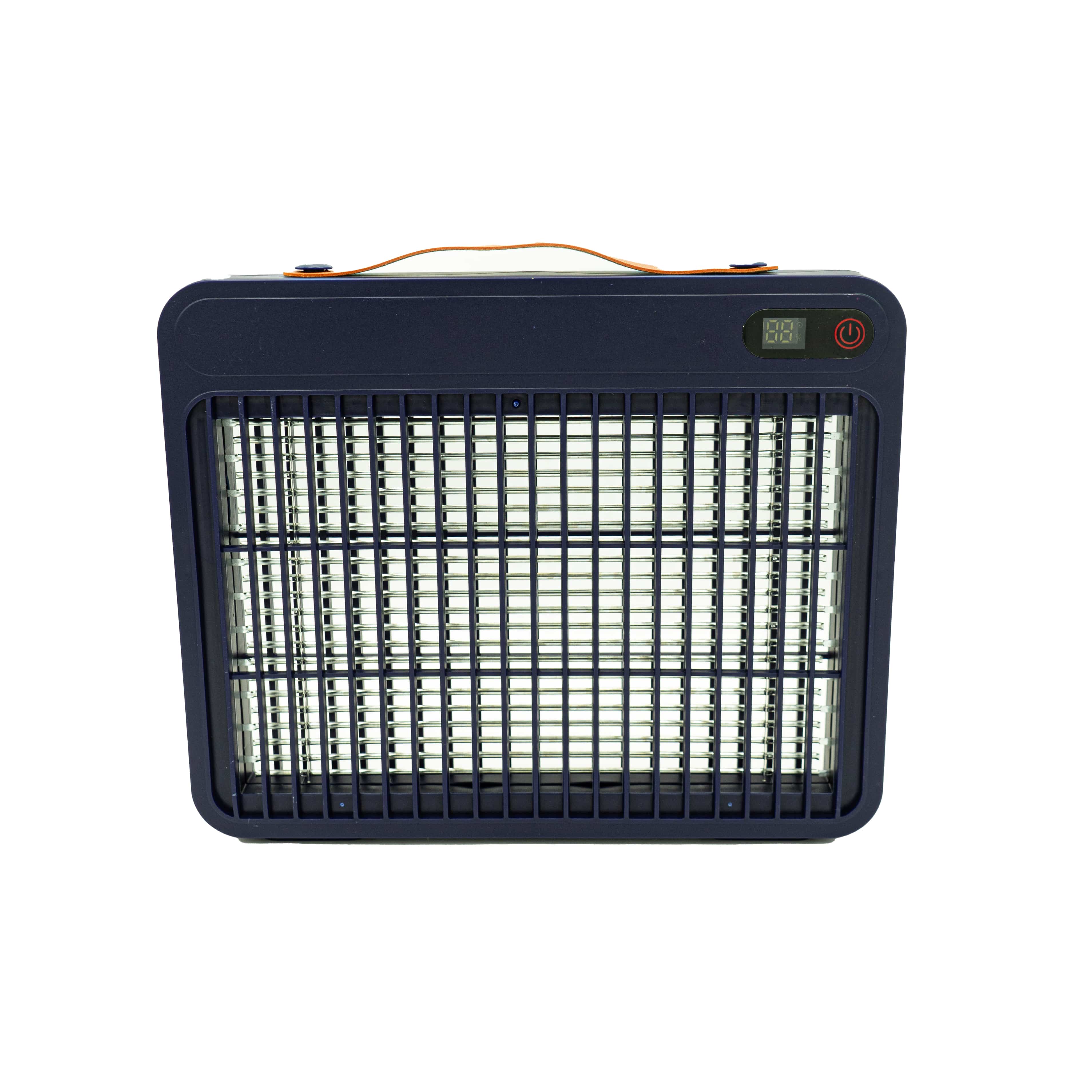 Dunkelblaue Moskito Killer Lampe mit Gitter als Vorderseite und orangenem Griff von vorne