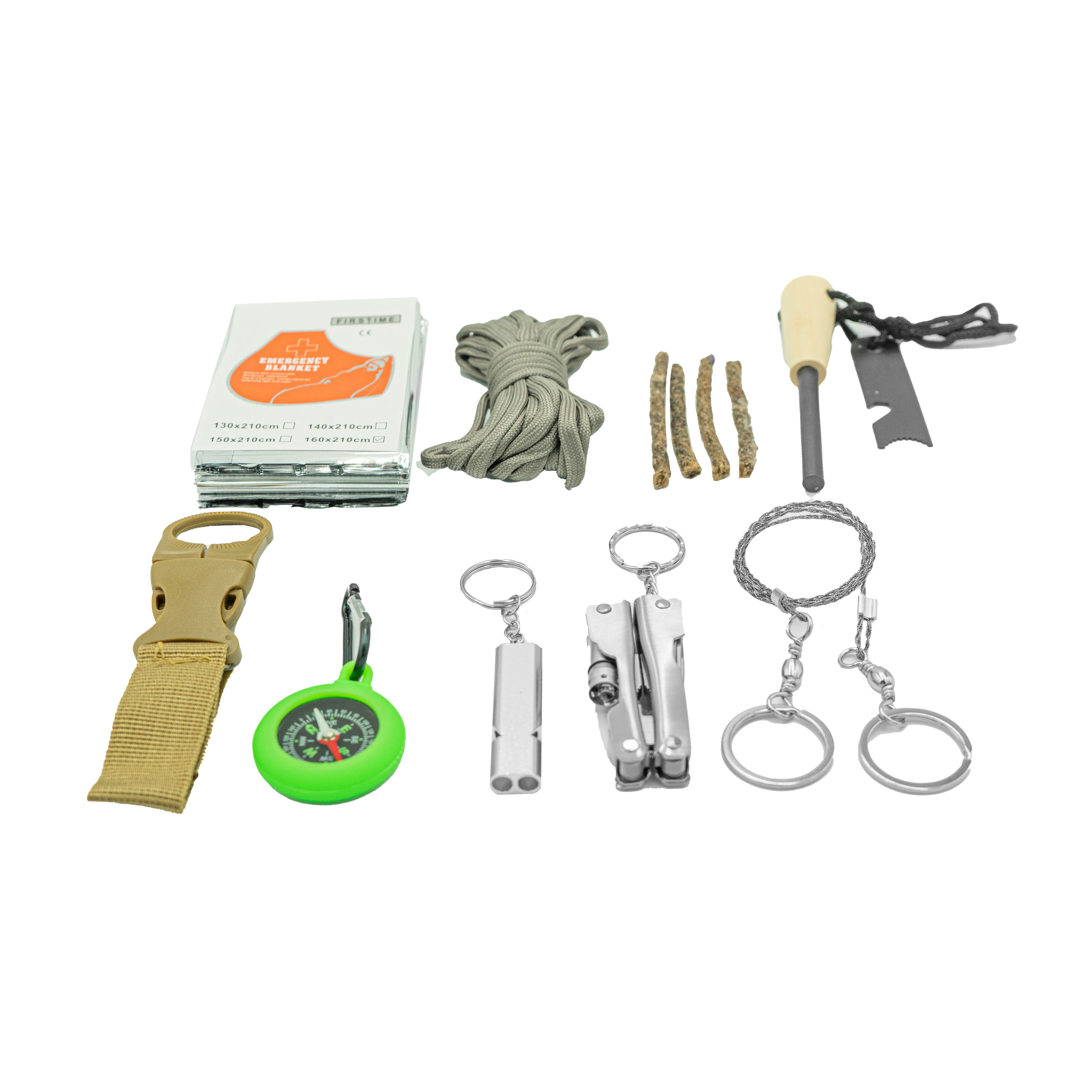 - 4x Feuerstarter aus Seil und Wachs
- 1x Seil
- 1x Rettungsdecke (160 x 210cm)
- 1x Pfeife
- 1x Drahtsäge
- 1x Feuerstahl
- 1x Multi-Taschenmesser
- 1x Gurtband Flaschenhalter
- 1x Kompass